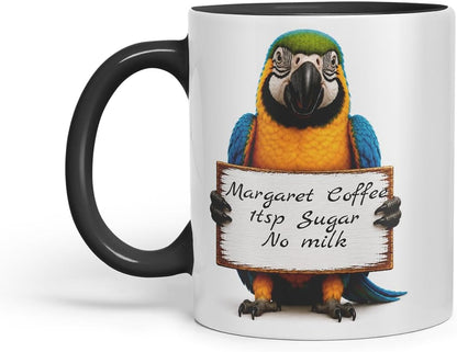 Vixar Personalised Parrot Mug with Name or Custom Message – Cute Animal Coloured Ceramic Mug Cup Gift, 11oz (Black)
