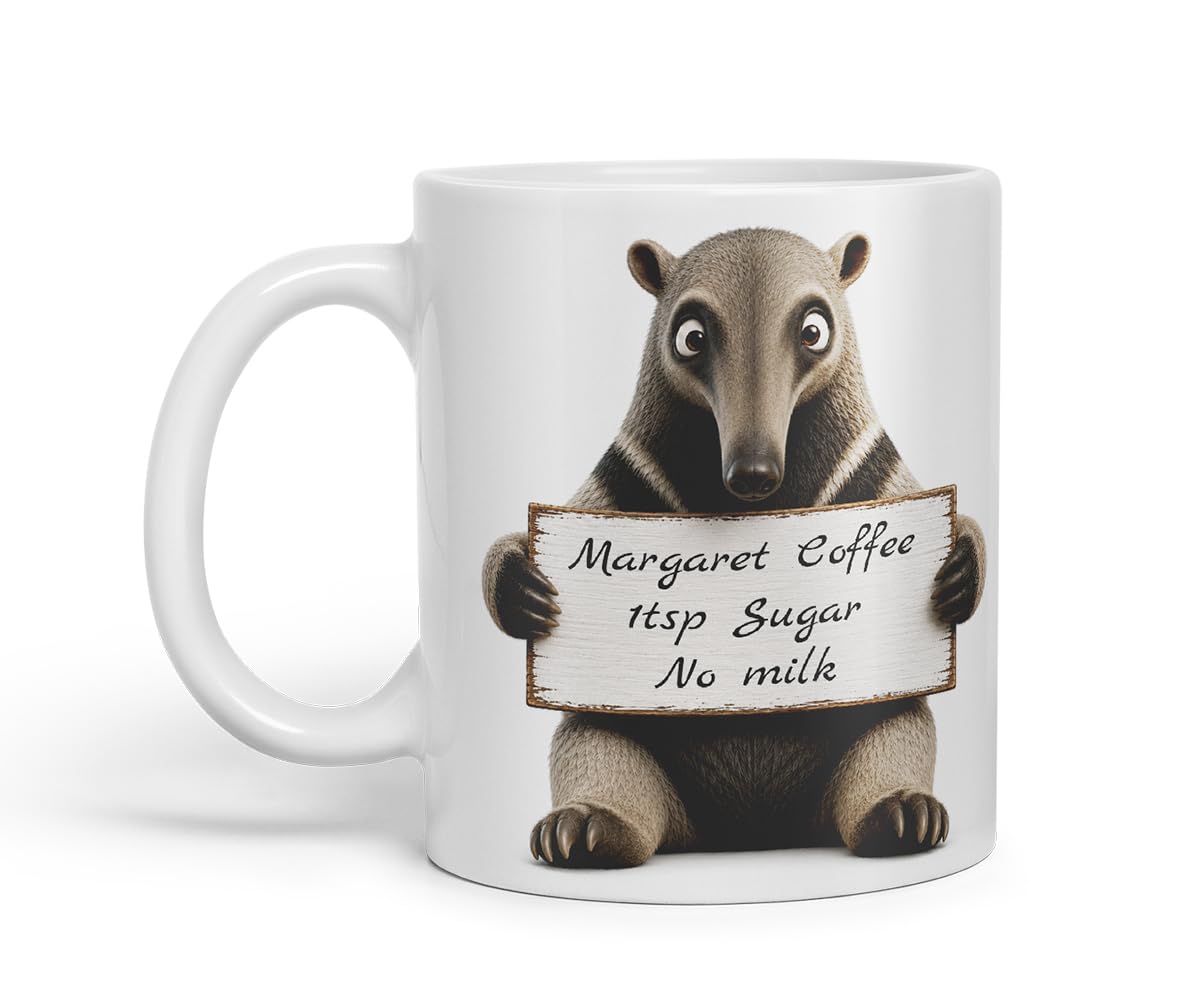 Vixar Personalised Anteater Mug with Name or Custom Message – Cute Animal Coloured Ceramic Mug Cup Gift, 11oz (Black)