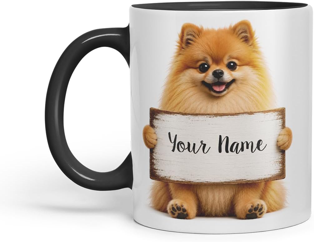 Vixar Personalised Pomeranian Mug with Name or Custom Message – Cute Animal Coloured Ceramic Mug Cup Gift, 11oz (Black)