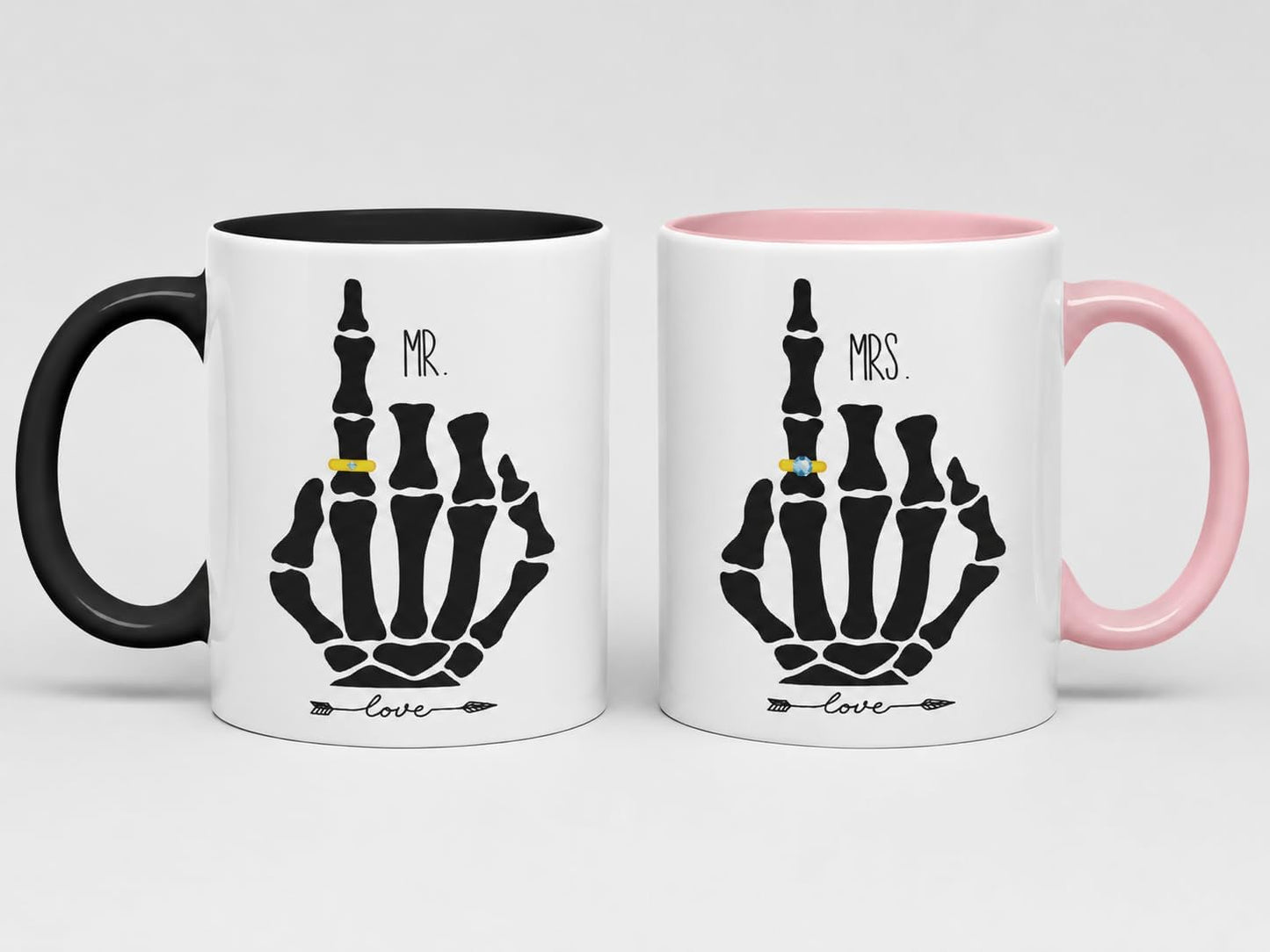 Vixar Mr and Mrs Skeleton Hand Wedding Ring Couple Mugs – Coloured Ceramic Mugs Cups Gift, 11oz, Set of 2