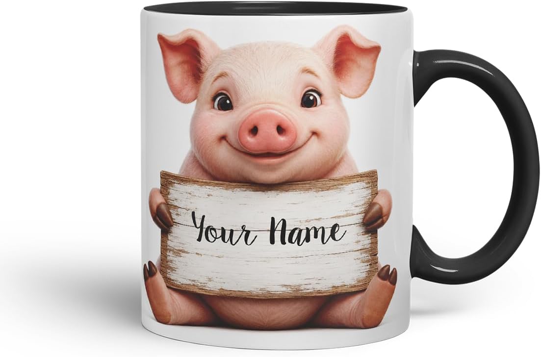Vixar Personalised Pig Mug with Name or Custom Message – Cute Animal Coloured Ceramic Mug Cup Gift, 11oz (Black)