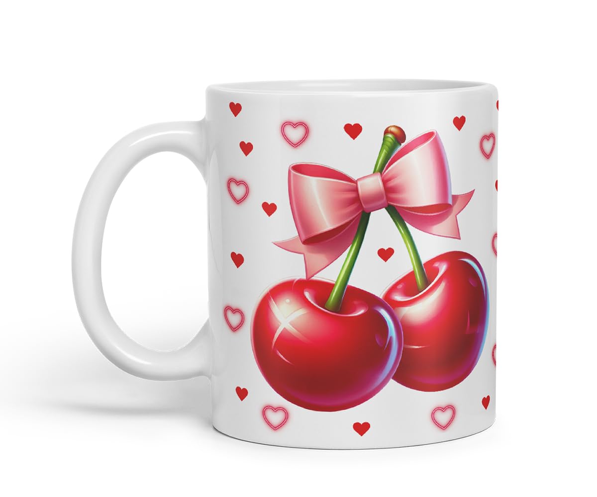 Vixar Cute Cherry Hearts Bow Mug – Coloured Ceramic Mug Cup Gift, 11oz (Black)