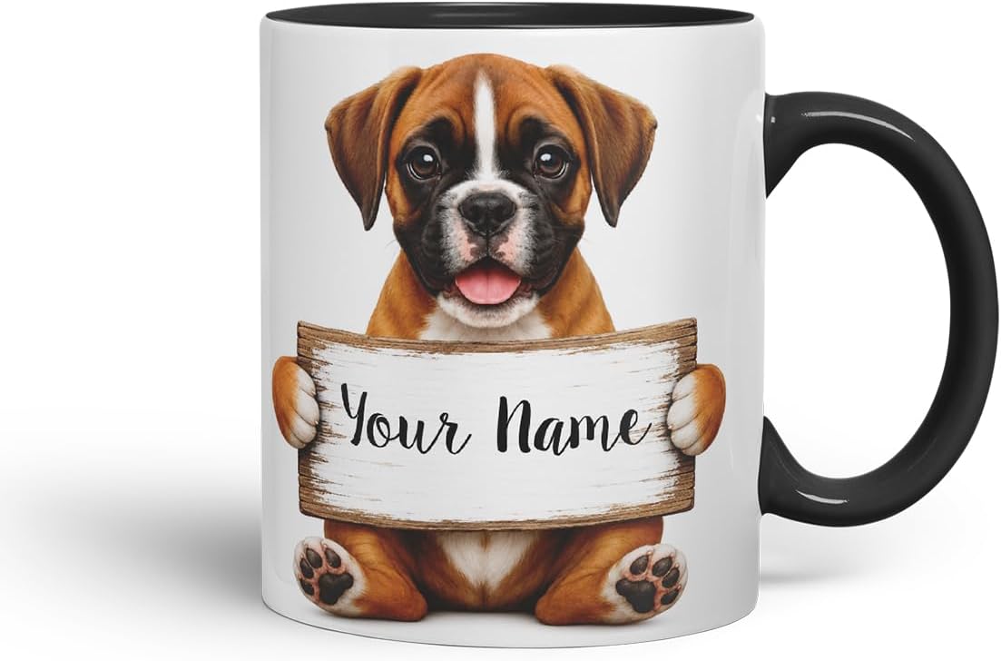 Vixar Personalised Boxer Dog Mug with Name or Custom Message – Cute Animal Coloured Ceramic Mug Cup Gift, 11oz (Black)