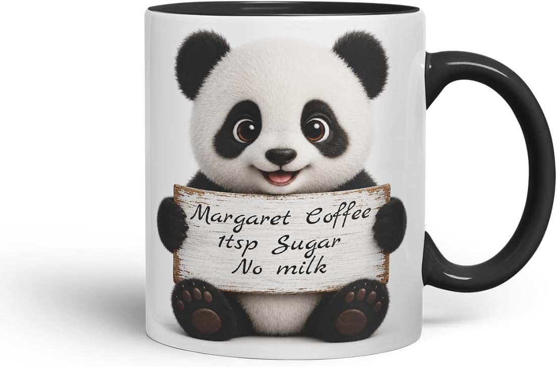 Vixar Personalised Panda Mug with Name or Custom Message – Cute Animal Coloured Ceramic Mug Cup Gift, 11oz (Black)