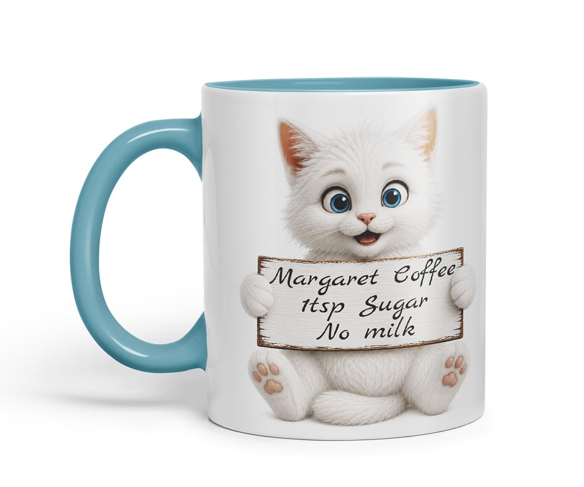 Vixar Personalised White Cat Mug with Name or Custom Message – Cute Animal Coloured Ceramic Mug Cup Gift, 11oz (Black)