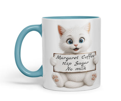 Vixar Personalised White Cat Mug with Name or Custom Message – Cute Animal Coloured Ceramic Mug Cup Gift, 11oz (Black)