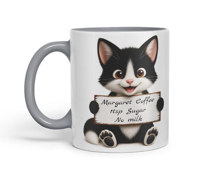 Vixar Personalised Black and White Cat Mug with Name or Custom Message – Cute Animal Coloured Ceramic Mug Cup Gift, 11oz (Black)