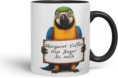 Vixar Personalised Parrot Mug with Name or Custom Message – Cute Animal Coloured Ceramic Mug Cup Gift, 11oz (Black)
