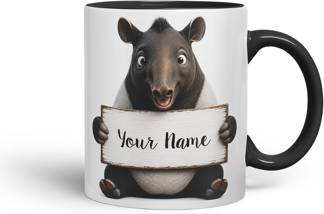 Vixar Personalised Tapir Mug with Name or Custom Message – Cute Animal Coloured Ceramic Mug Cup Gift, 11oz (Black)