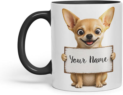 Vixar Personalised Short Hair Chihuahua Mug with Name or Custom Message – Cute Animal Coloured Ceramic Mug Cup Gift, 11oz (Black)