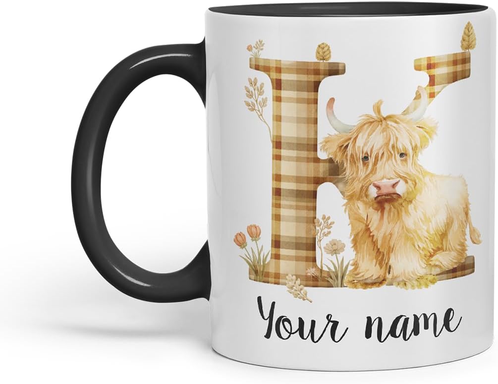 Vixar Personalised Highland Cow Initial Letter K Custom Name Mug – Coloured Ceramic Mug Cup Gift, 11oz (Black)