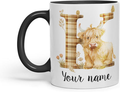 Vixar Personalised Highland Cow Initial Letter K Custom Name Mug – Coloured Ceramic Mug Cup Gift, 11oz (Black)