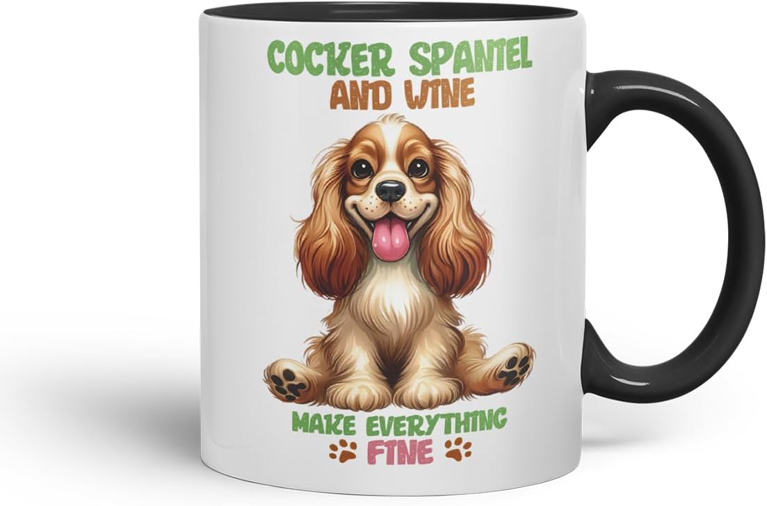 Vixar Cocker Spaniel and Wine Make Everything Fine Dog Mug – Coloured Ceramic Mug Cup Gift, 11oz (Black)