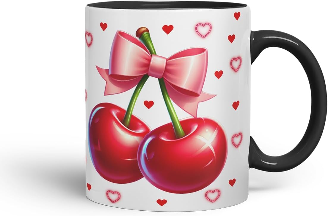Vixar Cute Cherry Hearts Bow Mug – Coloured Ceramic Mug Cup Gift, 11oz (Black)