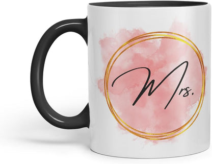 Vixar Mrs Watercolour Wedding Couple Mug – Coloured Ceramic Mug Cup Gift, 11oz (Black)