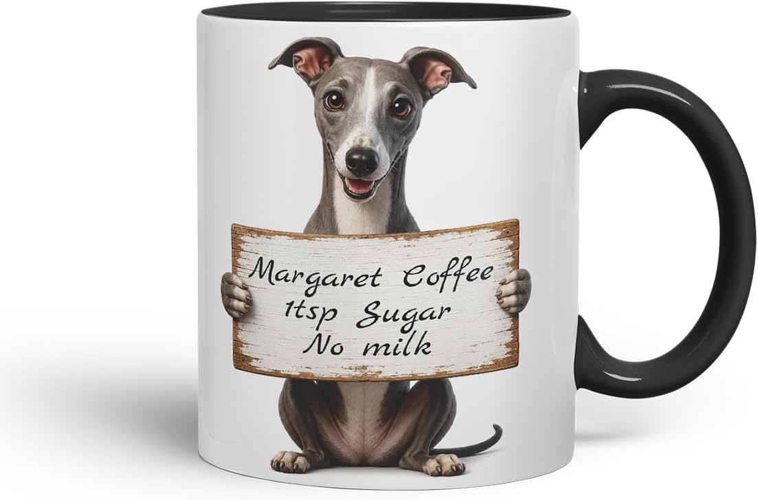 Vixar Personalised Greyhound Mug with Name or Custom Message – Cute Animal Coloured Ceramic Mug Cup Gift, 11oz (Black)
