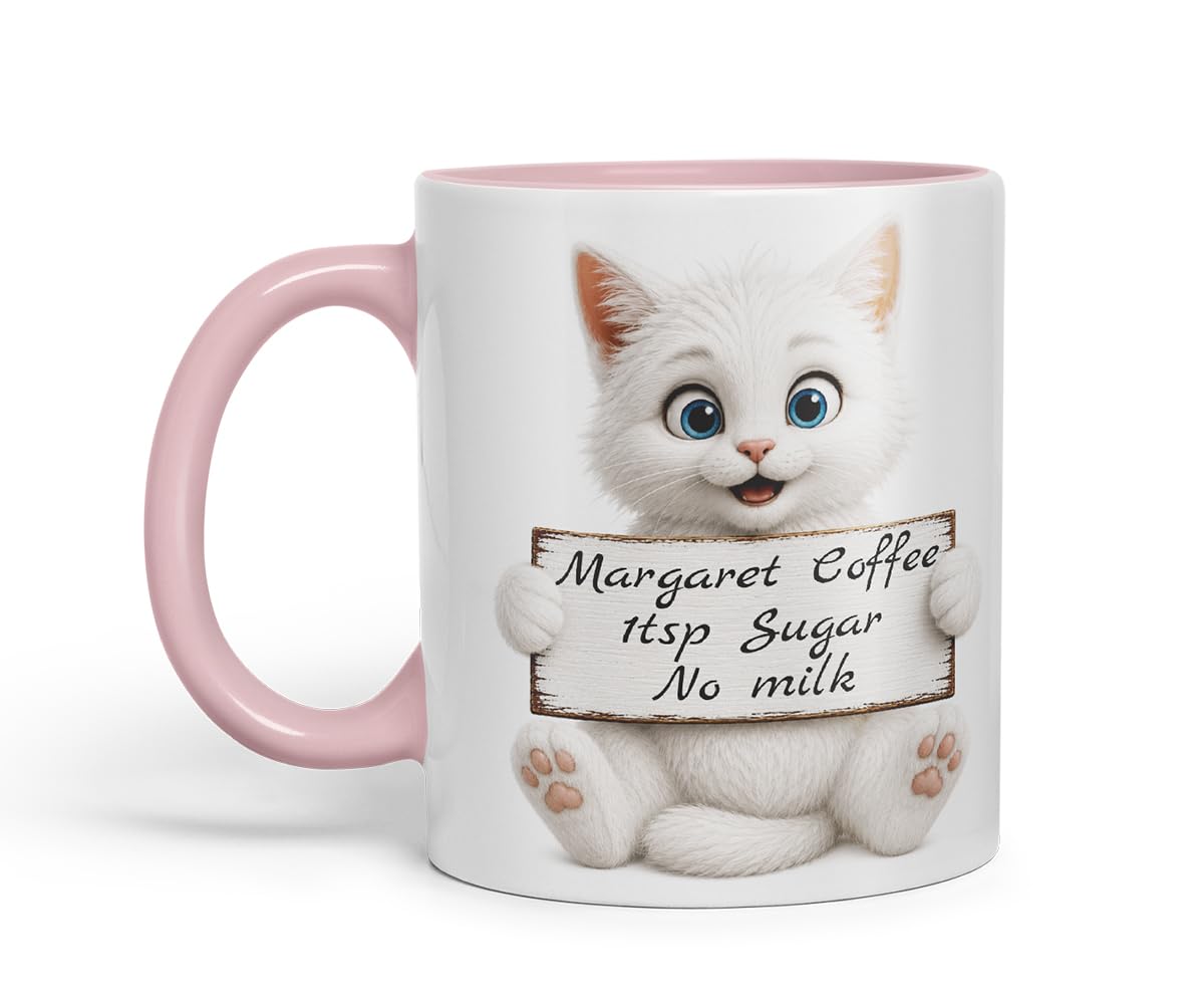 Vixar Personalised White Cat Mug with Name or Custom Message – Cute Animal Coloured Ceramic Mug Cup Gift, 11oz (Black)
