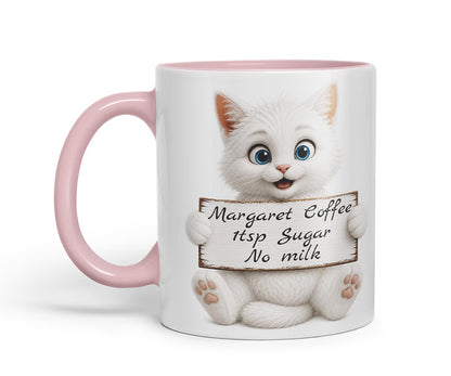 Vixar Personalised White Cat Mug with Name or Custom Message – Cute Animal Coloured Ceramic Mug Cup Gift, 11oz (Black)