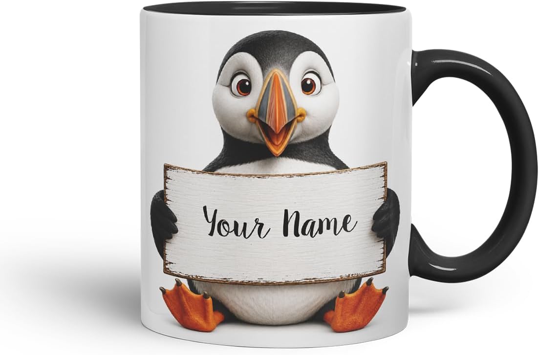 Vixar Personalised Puffin Mug with Name or Custom Message – Cute Animal Coloured Ceramic Mug Cup Gift, 11oz (Black)