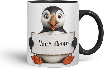 Vixar Personalised Puffin Mug with Name or Custom Message – Cute Animal Coloured Ceramic Mug Cup Gift, 11oz (Black)