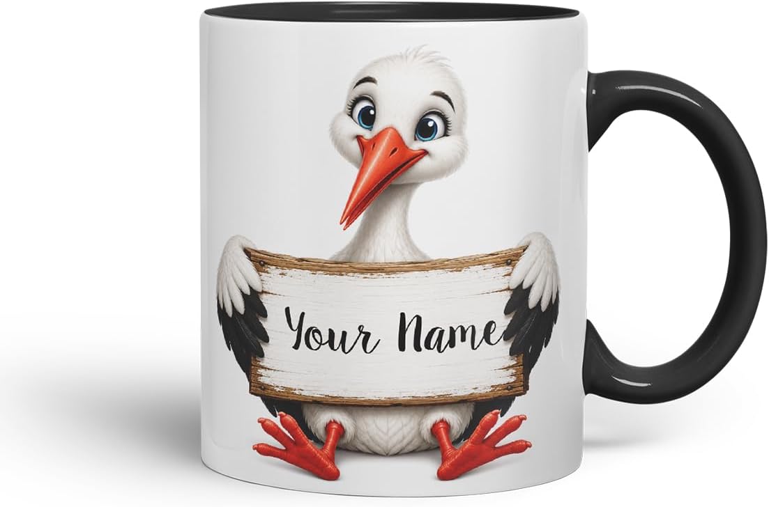 Vixar Personalised Stork Mug with Name or Custom Message – Cute Animal Coloured Ceramic Mug Cup Gift, 11oz (Black)