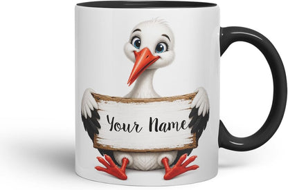 Vixar Personalised Stork Mug with Name or Custom Message – Cute Animal Coloured Ceramic Mug Cup Gift, 11oz (Black)