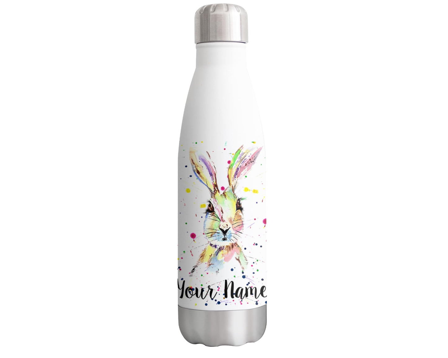 Vixar Hare Personalised Custom Bottle with your Text/name Watercolour Bunny Rabbit Pet Animals Bottle Double Wall Insulated Stainless Steel Sport Drinks 500ml