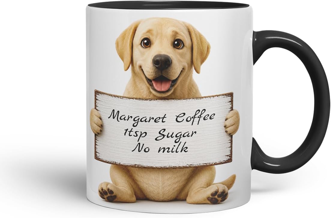Vixar Personalised Labrador Mug with Name or Custom Message – Cute Animal Coloured Ceramic Mug Cup Gift, 11oz (Black)