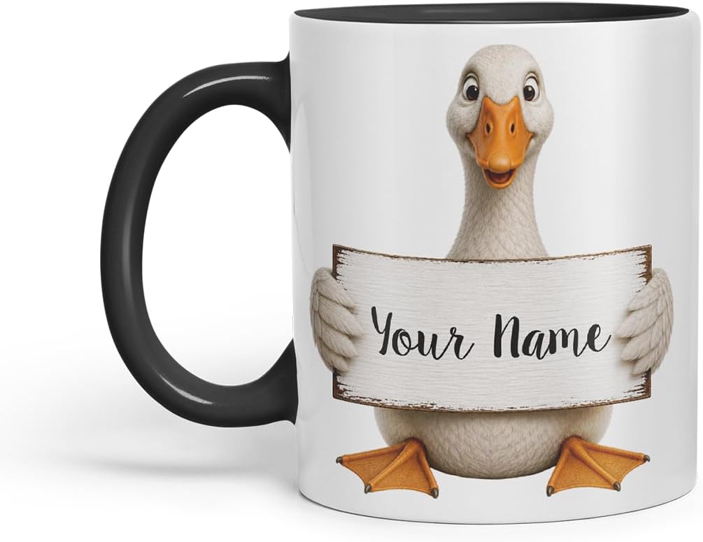 Vixar Personalised Goose Mug with Name or Custom Message – Cute Animal Coloured Ceramic Mug Cup Gift, 11oz (Black)