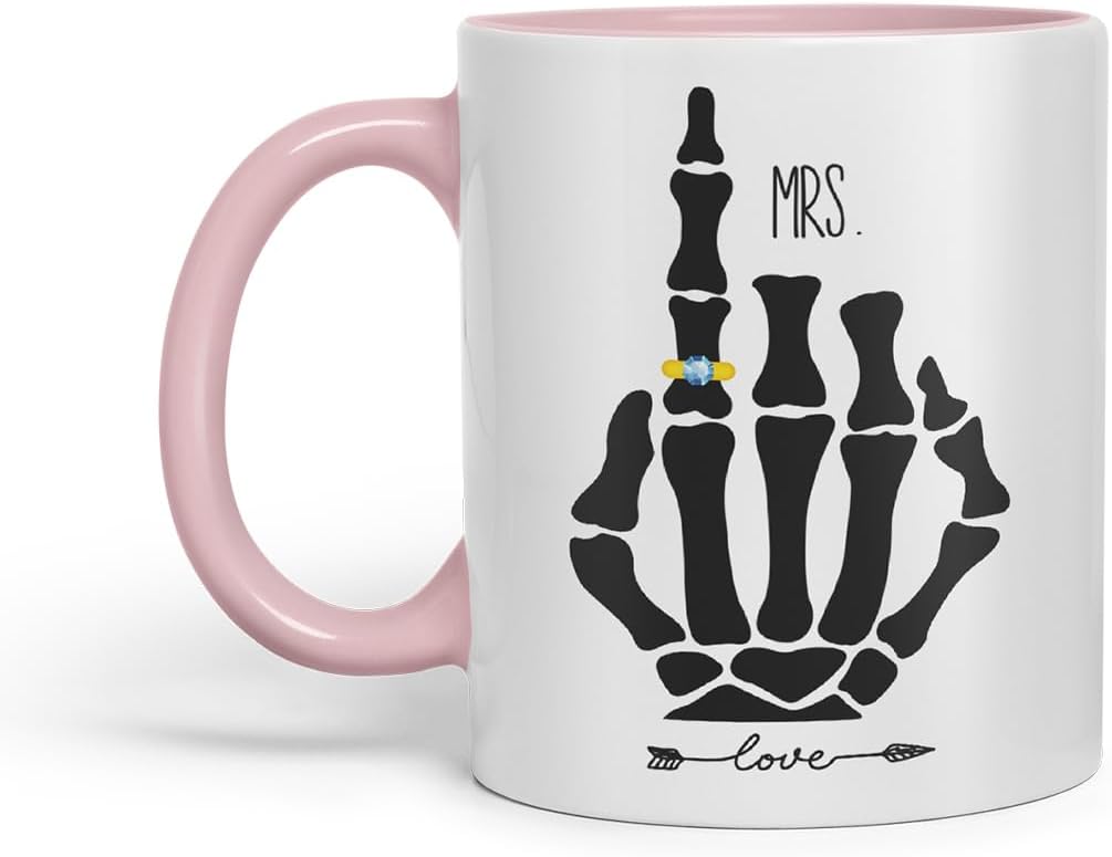Vixar Mr and Mrs Skeleton Hand Wedding Ring Couple Mugs – Coloured Ceramic Mugs Cups Gift, 11oz, Set of 2