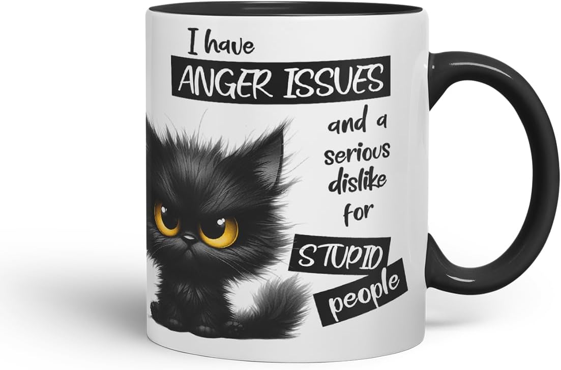 Vixar Funny Black Cat Anger Issues Sarcastic Mug – Coloured Ceramic Mug Cup Gift, 11oz (Black)