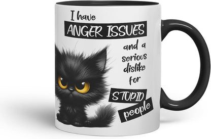 Vixar Funny Black Cat Anger Issues Sarcastic Mug – Coloured Ceramic Mug Cup Gift, 11oz (Black)