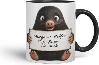 Vixar Personalised Mole Mug with Name or Custom Message – Cute Animal Coloured Ceramic Mug Cup Gift, 11oz (Black)