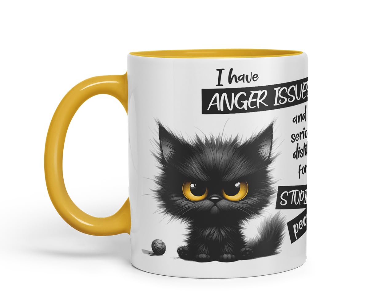 Vixar Funny Black Cat Anger Issues Sarcastic Mug – Coloured Ceramic Mug Cup Gift, 11oz (Black)
