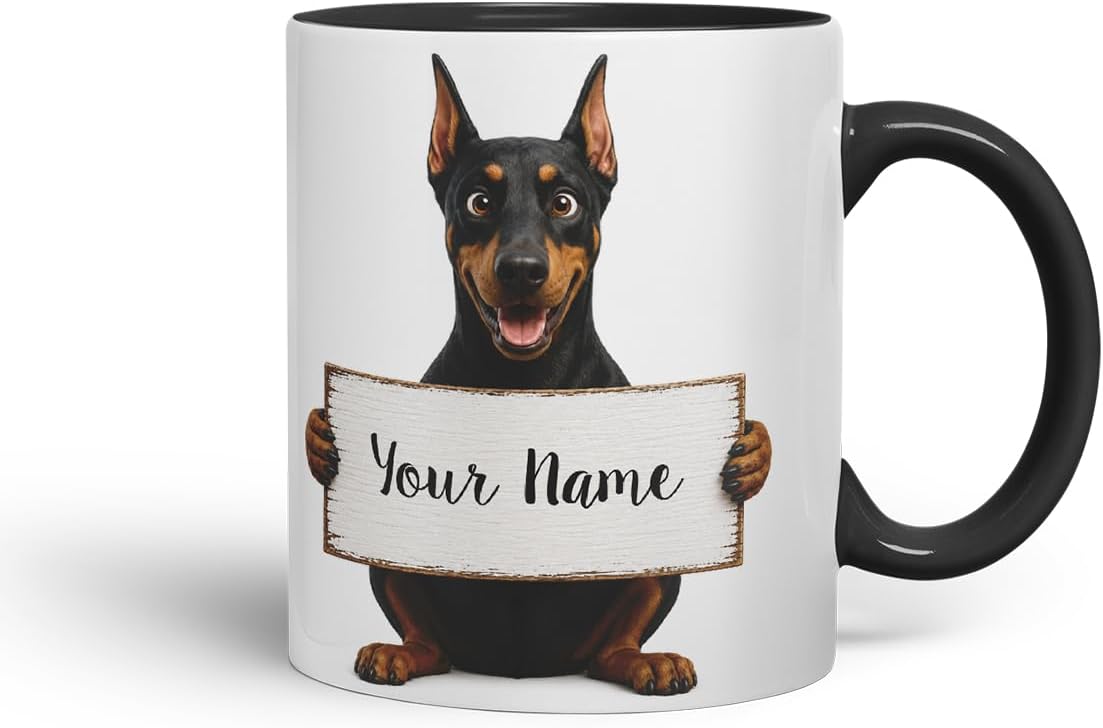 Vixar Personalised Doberman Dog Pet Mug with Name or Custom Message – Cute Animal Coloured Ceramic Mug Cup Gift, 11oz (Black)