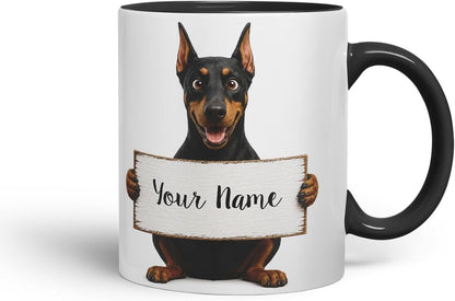Vixar Personalised Doberman Dog Pet Mug with Name or Custom Message – Cute Animal Coloured Ceramic Mug Cup Gift, 11oz (Black)