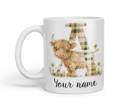 Vixar Personalised Highland Cow Initial Letter A Custom Name Mug – Coloured Ceramic Mug Cup Gift, 11oz (Black)