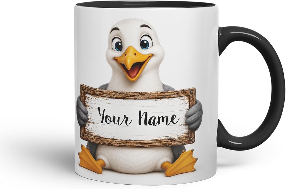 Vixar Personalised Seagull Mug with Name or Custom Message – Cute Animal Coloured Ceramic Mug Cup Gift, 11oz (Black)