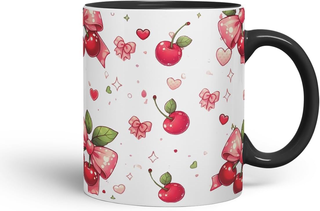 Vixar Cherry Bow Pattern Mug – Coloured Ceramic Mug Cup Gift, 11oz (Black)