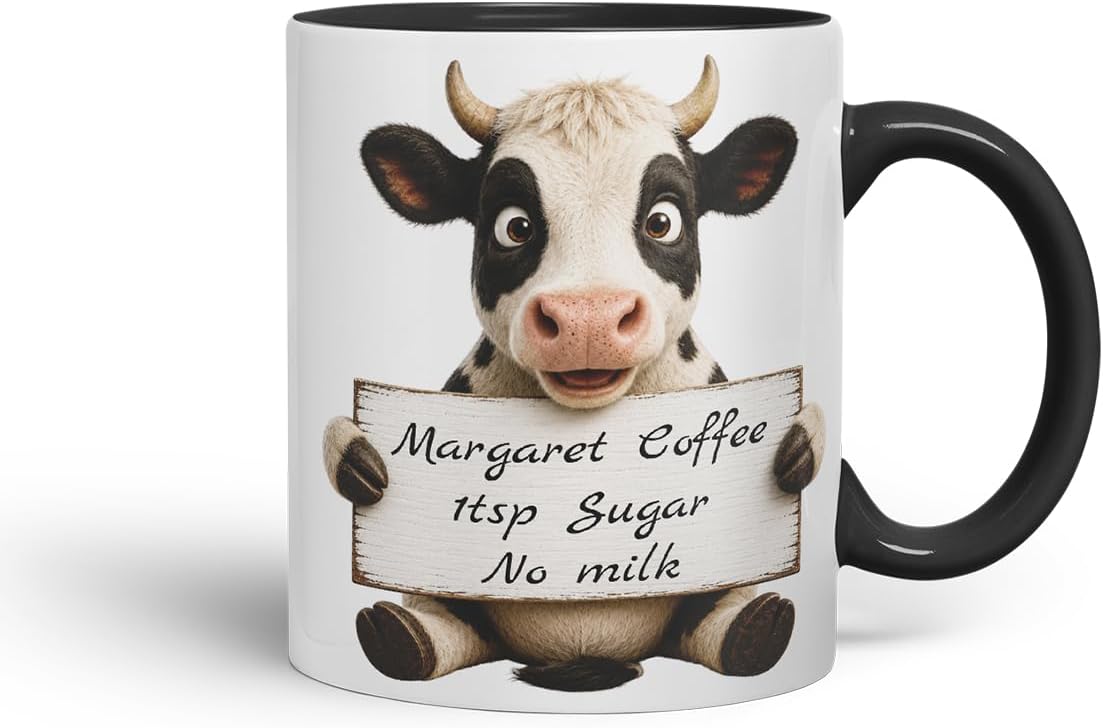 Vixar Personalised Cow Mug with Name or Custom Message – Cute Animal Coloured Ceramic Mug Cup Gift, 11oz (Black)