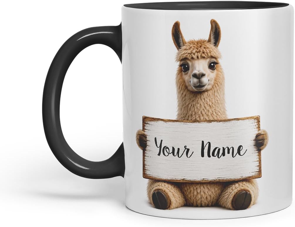 Vixar Personalised Llama Mug with Name or Custom Message – Cute Animal Coloured Ceramic Mug Cup Gift, 11oz (Black)