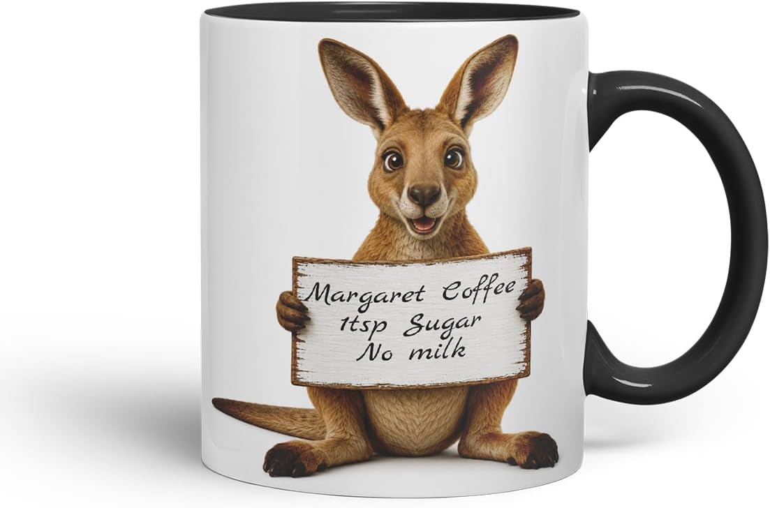 Vixar Personalised Kangaroo Mug with Name or Custom Message – Cute Animal Coloured Ceramic Mug Cup Gift, 11oz (Black)