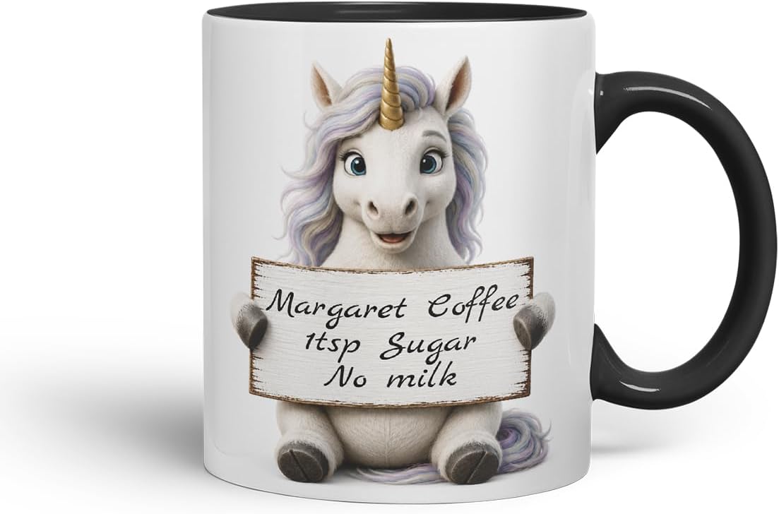 Vixar Personalised Rainbow Unicorn Mug with Name or Custom Message – Cute Animal Coloured Ceramic Mug Cup Gift, 11oz (Black)
