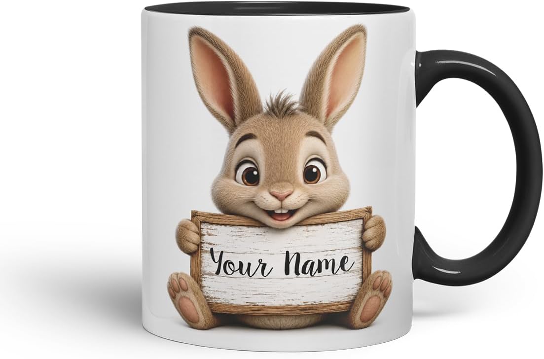 Vixar Personalised Hare Mug with Name or Custom Message – Cute Animal Coloured Ceramic Mug Cup Gift, 11oz (Black)