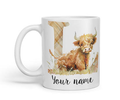 Vixar Personalised Highland Cow Initial Letter L Custom Name Mug – Coloured Ceramic Mug Cup Gift, 11oz (Black)