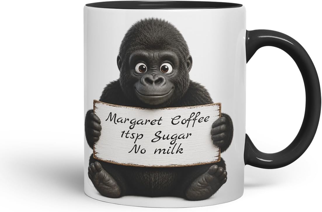 Vixar Personalised Gorilla Mug with Name or Custom Message – Cute Animal Coloured Ceramic Mug Cup Gift, 11oz (Black)