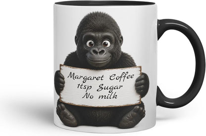 Vixar Personalised Gorilla Mug with Name or Custom Message – Cute Animal Coloured Ceramic Mug Cup Gift, 11oz (Black)