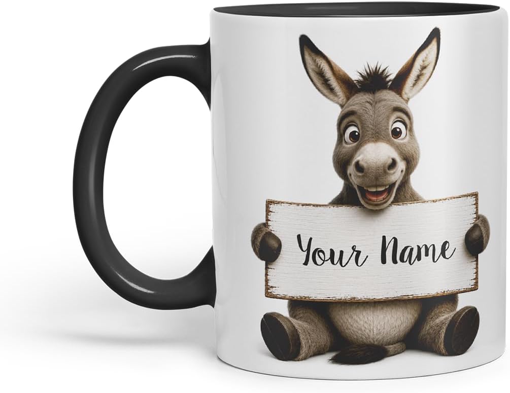 Vixar Personalised Donkey Mug with Name or Custom Message – Cute Animal Coloured Ceramic Mug Cup Gift, 11oz (Black)