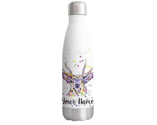 Stag Personalised Custom Bottle with Your Text/Name Watercolour Wildlife Animals Bottle Double Wall Insulated Stainless Steel Sport Drinks 500ml