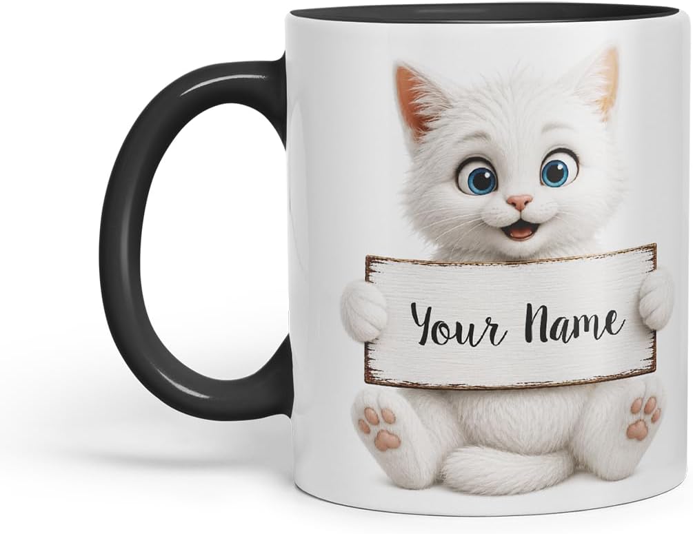 Vixar Personalised White Cat Mug with Name or Custom Message – Cute Animal Coloured Ceramic Mug Cup Gift, 11oz (Black)